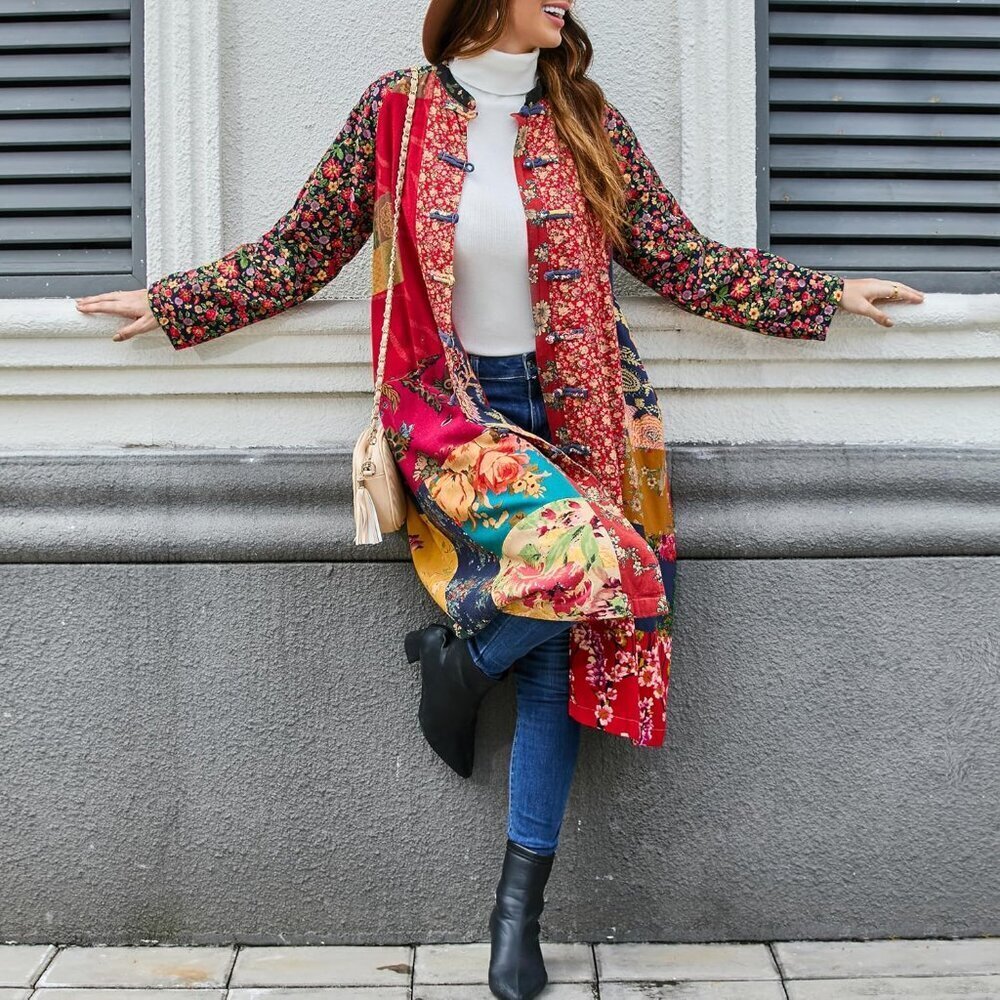 Floral Print Linen Cotton Jacket Bohemian Patchwork Outwear Women Large - Picture 4 of 8